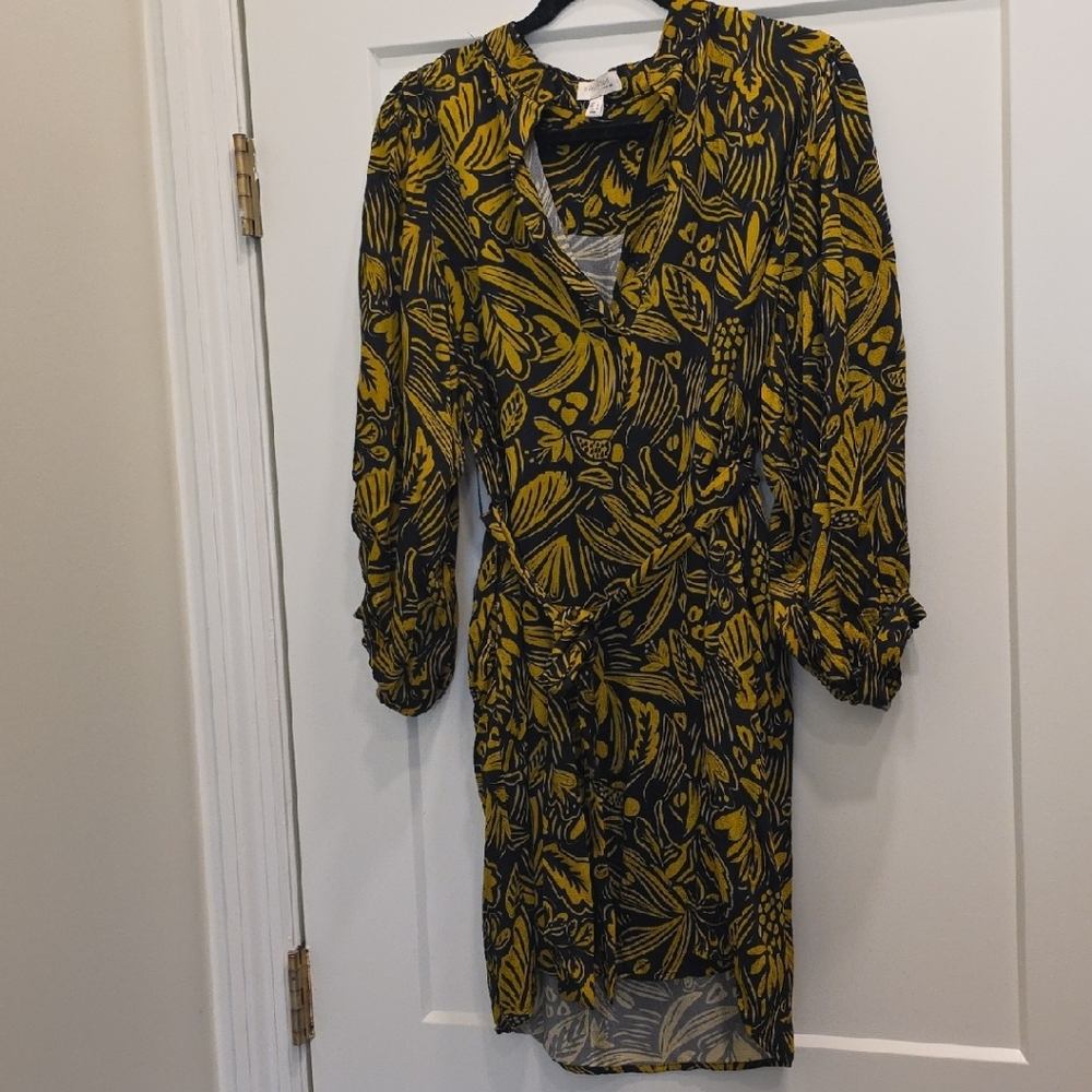 See U Soon Dress. Chartreuse And Black Print. Belted